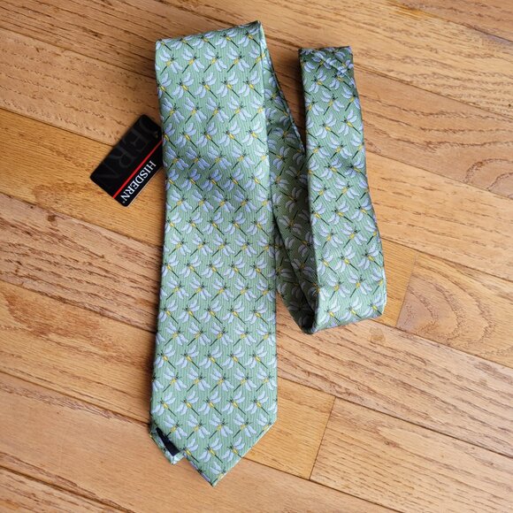 HISDERN Handmade Tie Men's Dragonfly Green Yellow 59" NWT - Picture 1 of 11